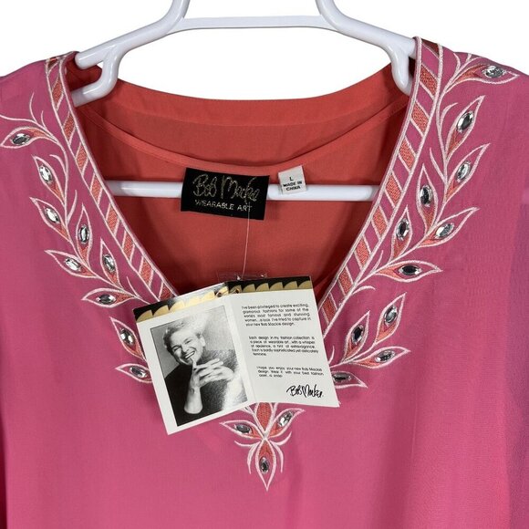 Bob Mackie NWT L Pink Embroidered Chiffon Tunic Embellished Top 3/4 Sleeve Artsy - Picture 14 of 16